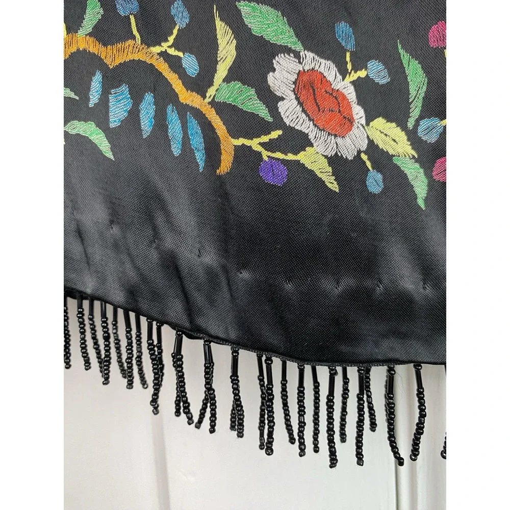Clio Women's 12 Black Colorful Satin Floral Bird Beaded Fringe Maxi Skirt